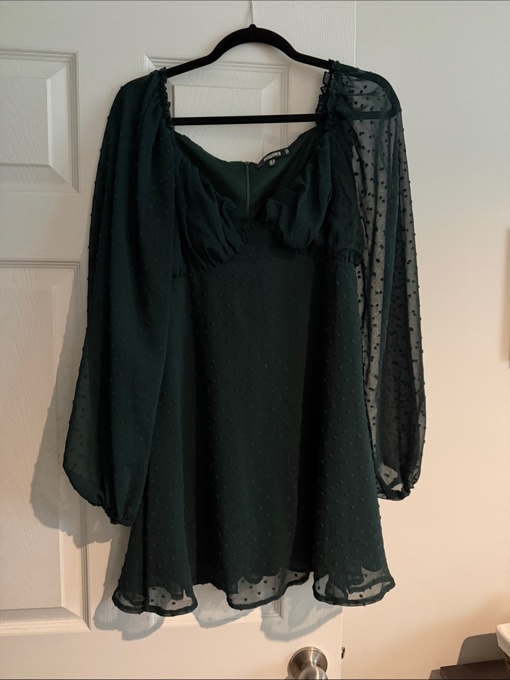 Missguided Dark Green Swiss Dot Puff Sleeve Mini Dress
